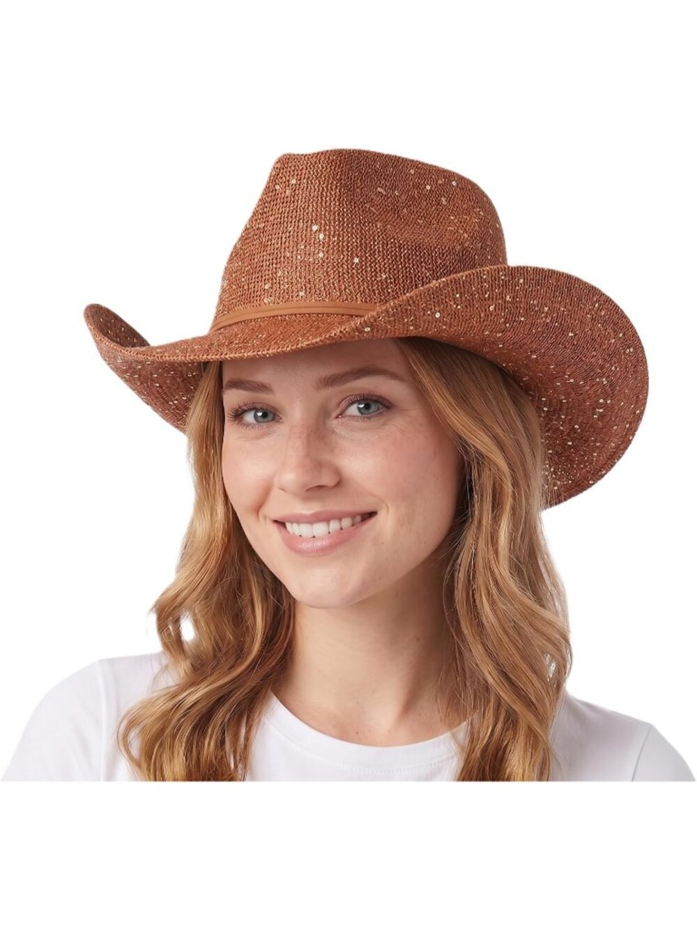 Women's Burnt Orange Sparkly Sequin Suede String Trim Party Cowboy Western Hat